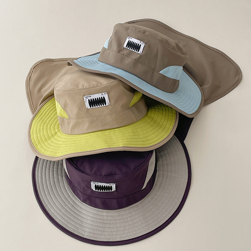 Kids/Adult Korean Style Colorblock Wide Brim Sun Hat with Detachable Neck Flap for Outdoor Hiking