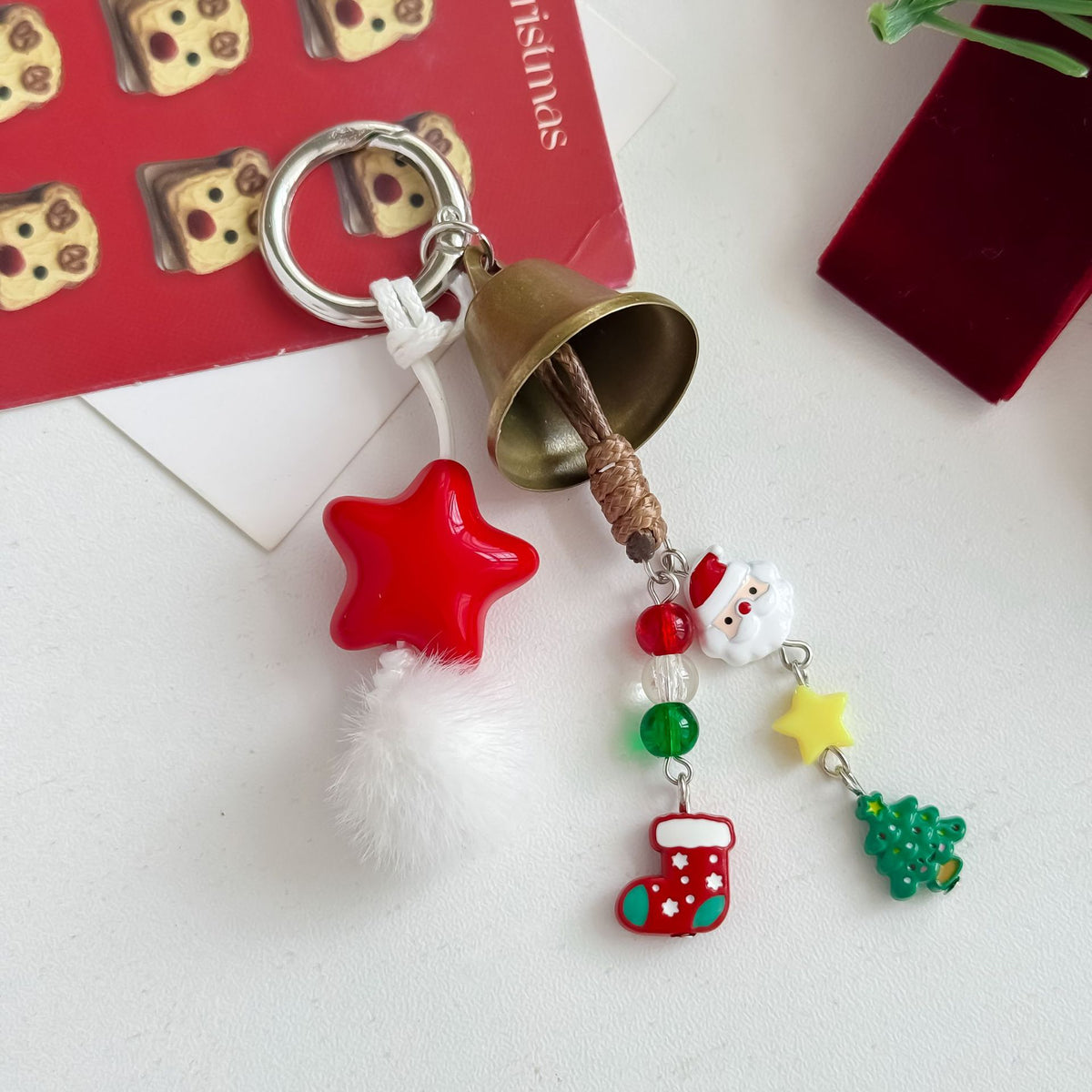 Christmas Bell Keychain with Star Pendant and Fluffy Ball
