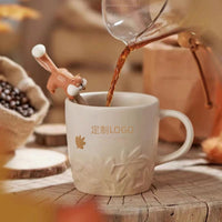 Autumn Maple Leaf Squirrel Ceramic Mug with Silicone Stirrer