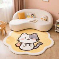 Cartoon Cat Round Faux Cashmere Area Rug for Kids' Room and Living Room, Non-Slip Floor Mat