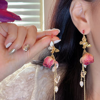 New Vintage Preserved Rose Flower Shell Pearl Tassel Earrings for Women