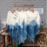 Hand-Dyed Indigo Knit Tassel Shawl for Travel, Sun Protection, and Warmth