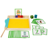 Kids Montessori Wooden Alphabet Spelling Sand Tray Toy with Double-Sided Cards