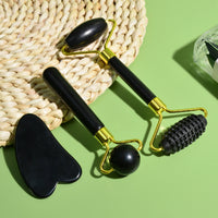 Black Bian Stone 3-Piece Jade Roller and Gua Sha Massage Tool Set for Face and Body