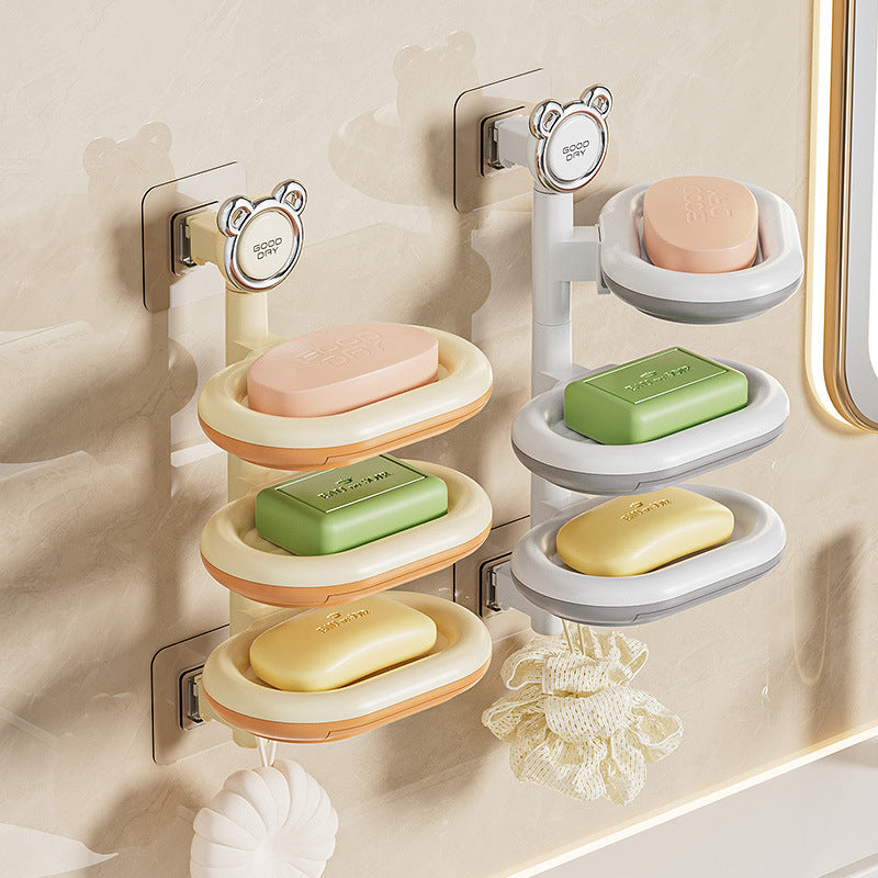 No-Drill Wall-Mounted Multi-Layer Swivel Soap Dish with Drainage for Bathroom