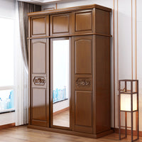 New Chinese Solid Wood Wardrobe with Mirror, Three-Door Sliding Storage Cabinet