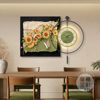 Mid-Century Style Sunflower Wall Art with Silent Clock for Dining Room & Living Room Decor