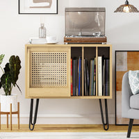 Record Player Stand with Storage Cabinets and Rattan Doors, Vinyl Record Storage Cabinet for Living Room