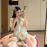 Women's Cloud Cotton Short Sleeve Pajama Set with Peter Pan Collar and Polka Dot Cardigan