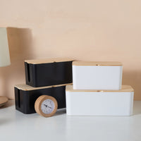 Cable Management Box with Wooden Lid for Desk Power Strip Organizer