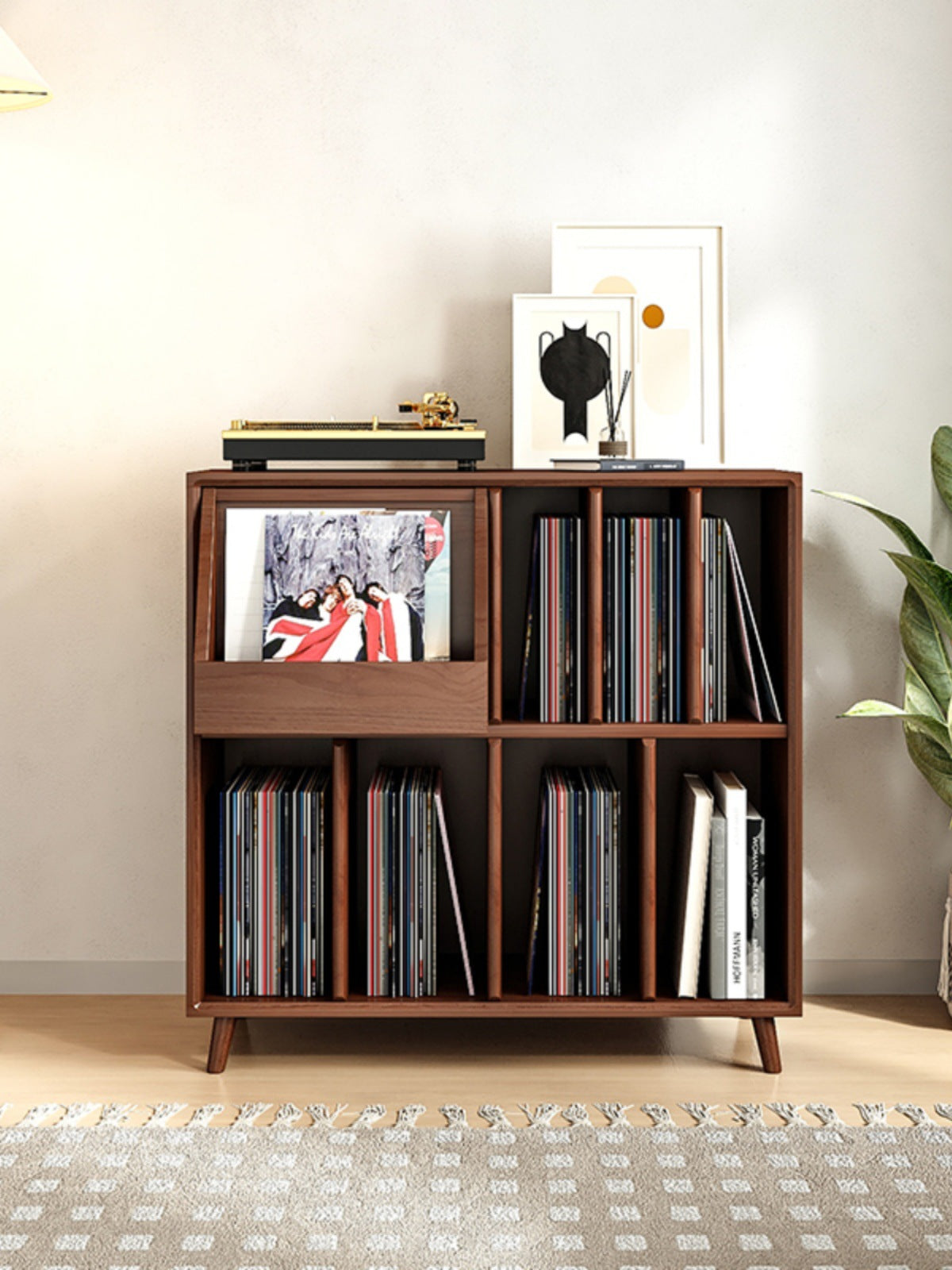 Solid Wood Record Player Cabinet with Storage, Bookshelf, and Side Table Functionality