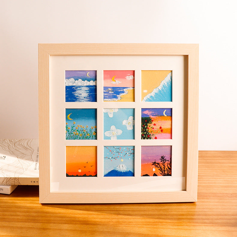 Oil Pastel Painting Display Frame with Mat Board for 10x10cm Artworks, Square Multi-Grid Tabletop/Wall Mount