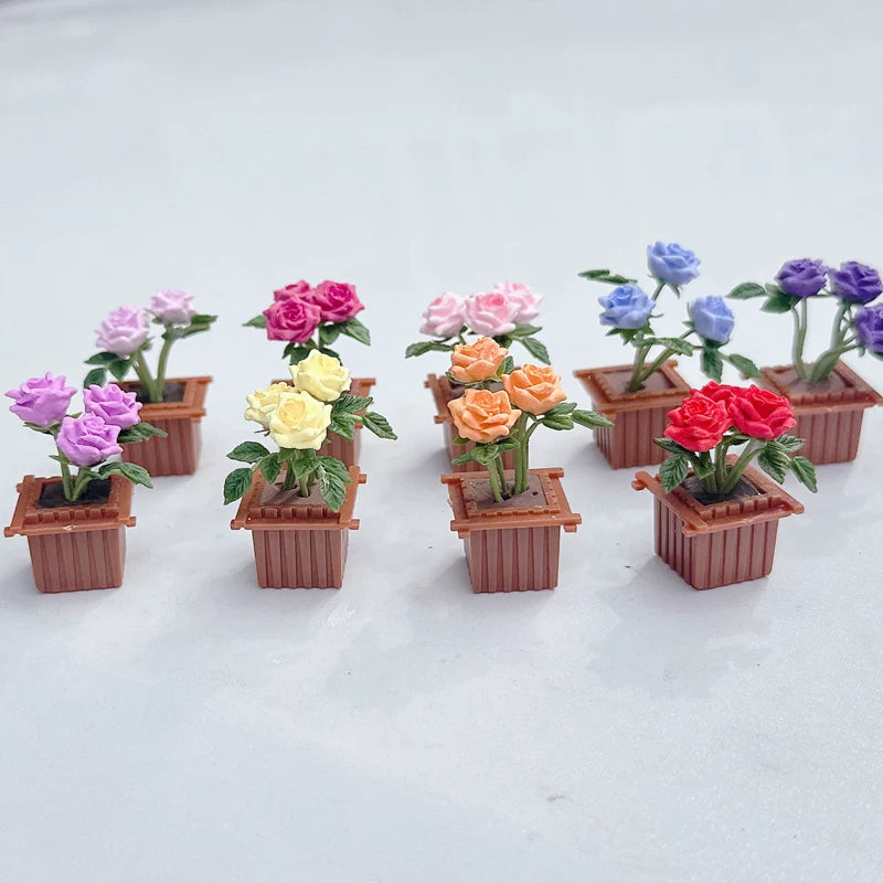 Miniature Rose Potted Plant Model for Dollhouse & Diorama Decor