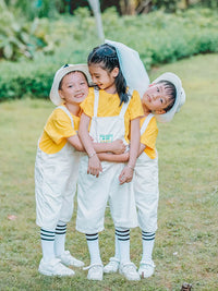 Kids' White Overalls & Yellow T-Shirt Set with Hat & Socks for Performances & Photoshoots