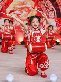 Kids Chinese Style Folk Dance Costume for Performances - Red Yangko Drum Dance Outfit