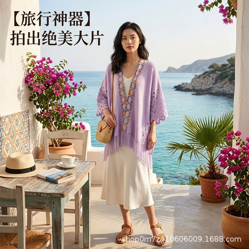 Ethnic Woven Shawl Cardigan for Women - Sun Protection & Stylish Knit Cover-Up