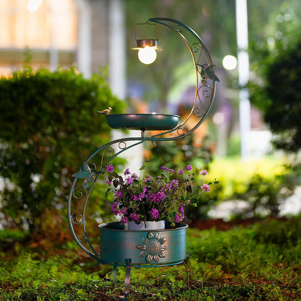 Outdoor Iron Art Hanging Flower Pot Bird Feeder Bird Bath Solar Powered Garden Patio Light