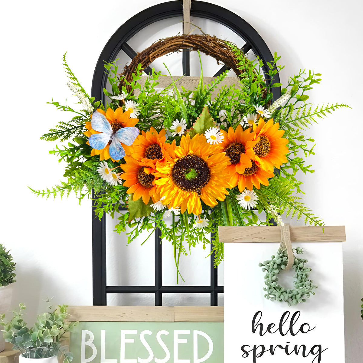 Sunflower Greenery Wreath for Front Door Decor