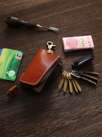 Men's Vintage Genuine Leather Car Key Holder with Zipper, Large Capacity Waist Hanging Key Case