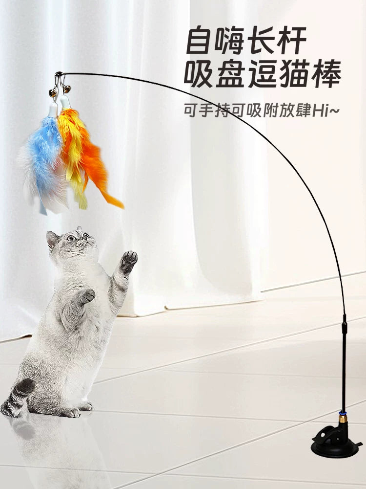 Interactive Suction Cup Cat Teaser Wand with Feather Refills and Bell