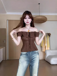 Women's French Style Off-Shoulder Lace Patchwork Short Sleeve Top