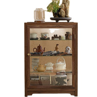 Glass Display Cabinet with Walnut Wood Frame for Collectibles, Tea Sets, and Tabletop Storage
