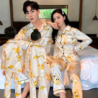Family Matching Cartoon Ice Silk Pajama Sets for Summer, Short Sleeve Tops and Shorts/Pants for Parents and Kids