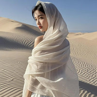 Cotton Linen Wrinkled Scarf for Women, Large Solid Color Sun Protection Shawl for Beach and Travel