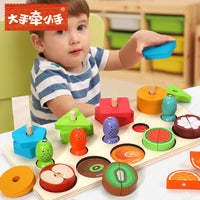 3-in-1 Wooden Geometric Shape Matching Fishing Game with Fruit Stacking Blocks for Early Education