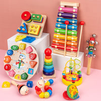 Kids Wooden Xylophone Lacing Clock Rainbow Stacking Blocks Educational Toy Set