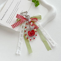 Japanese Style Cherry Bowknot Beaded Keychain Plaid Ribbon Bag Charm for Girls