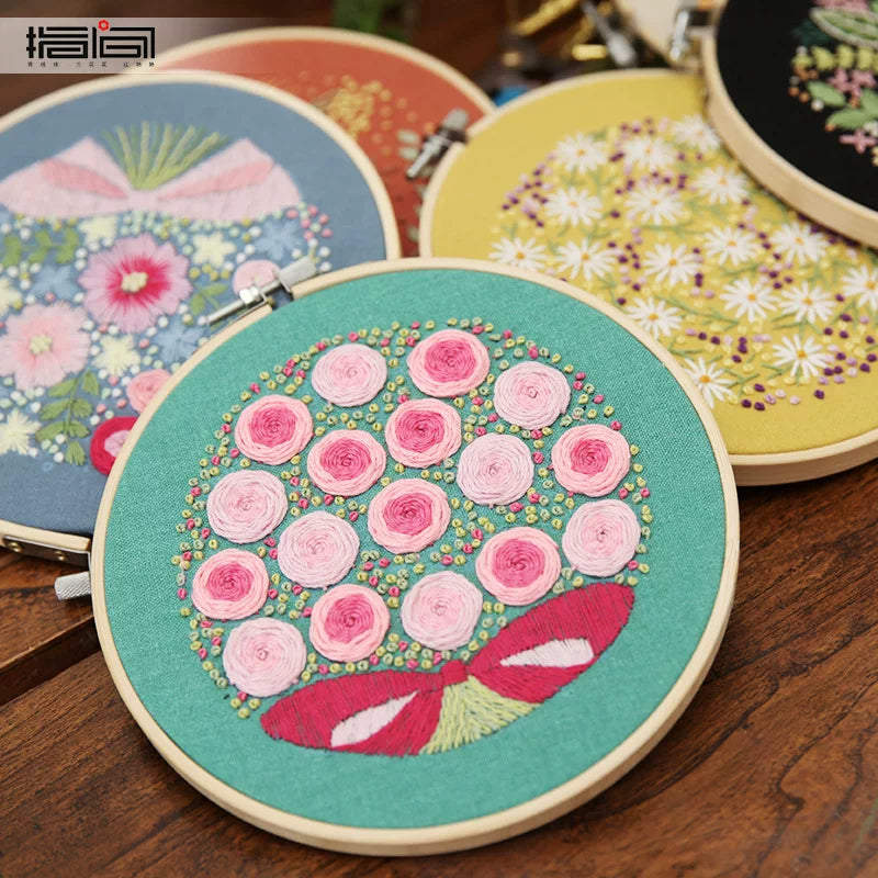 Handmade Ribbon Embroidery DIY Kit with Floral Patterns for Adults