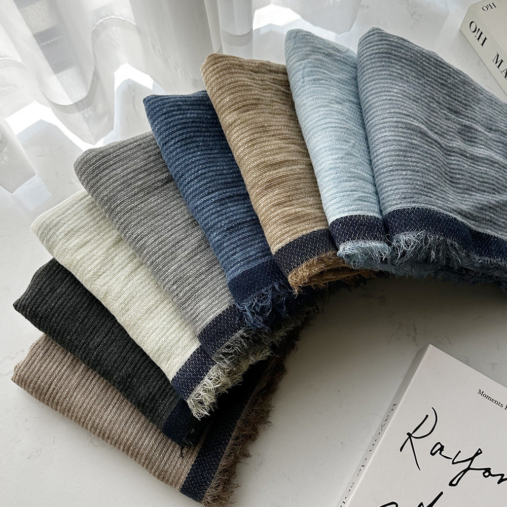 Cashmere Feel Scarf for Men and Women, Solid Color Striped Shawl with Contrast Border