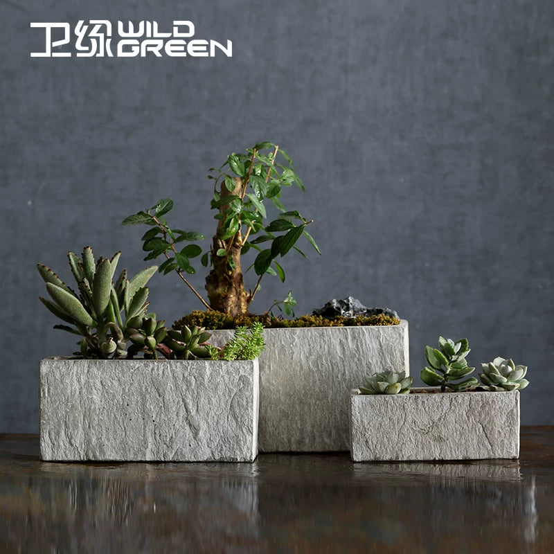 Weilu Creative Nordic Rectangular Imitation Stone Cement Planter for Indoor Plants