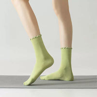 Women's Cotton Non-Slip Yoga Pilates Socks with Ruffle Trim, Mid-Calf