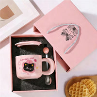 Ceramic Mug with Lid and Spoon, Cute Cat Design Coffee Cup, Birthday Gift for Friends
