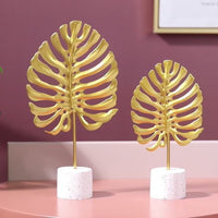 Metal Ginkgo Leaf & Monstera Leaf Figurine Ornaments with Crystal Ball Base for Home Decor