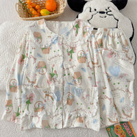 Women's Cloud Cotton Pajama Set with Lamb Embroidery, Long Sleeve Doll Collar Loungewear