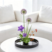 Japanese Wabi-Sabi Style Ceramic Flower Pot with Kenzan - Round Black Shallow Dish for Hydroponics & Home Decor