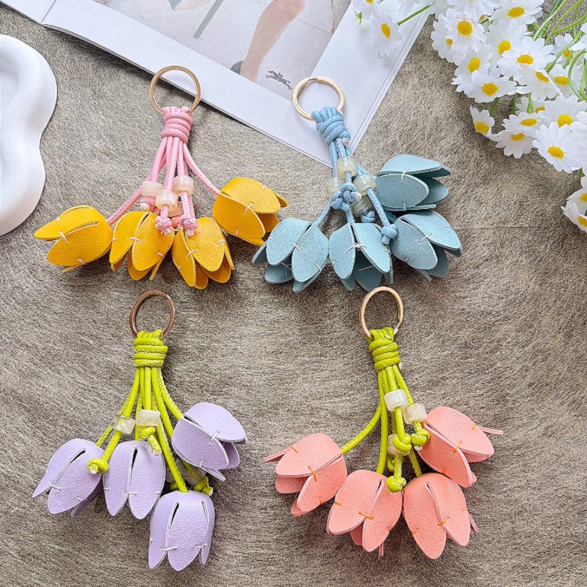 Elegant Tulip Flower Leather Keychain for Bags, Keys, and Phones