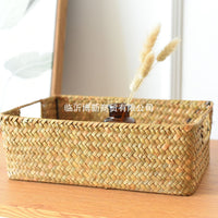 Woven Straw Rectangular Storage Basket for Organizing, Bamboo Wicker Basket for Sundries, Cosmetics, and Decorations