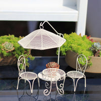 1:12 Miniature Dollhouse Wrought Iron Table and Chair Set with European Sun Umbrella for Outdoor Patio Garden