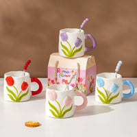 Colorful Tulip Ceramic Mug with Spoon, Underglaze Water Cup, Teacher's Day Gift for Women