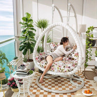 Outdoor Indoor Wicker Swing Chair with Stand, Rattan Hanging Basket Seat for Patio Balcony Garden