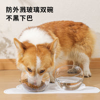 Elevated Glass Pet Bowl with Silicone Mat for Cats and Small Dogs, Tilted Design for Neck Protection