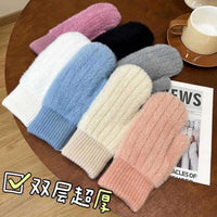 Women's Solid Color Knitted Fleece-Lined Mittens for Winter