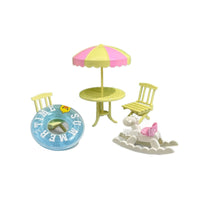 Dollhouse Miniature Beach Vacation Set with Lounger, Swim Ring, and Parasol