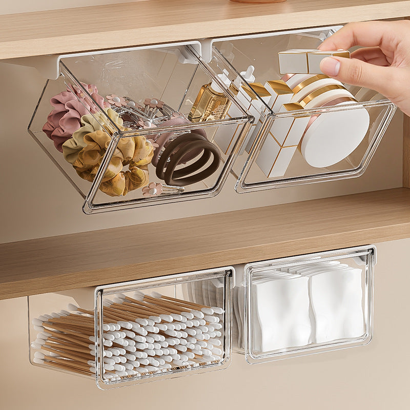 Under-Cabinet Pull-Out Storage Box for Bathroom Cosmetics, Cotton Pads, Lipsticks, and Cotton Swabs - Transparent Organizer