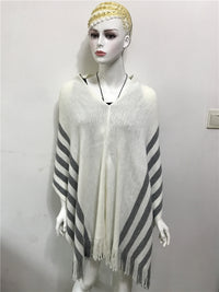 Women's Faux Cashmere Striped Tassel Poncho Sweater