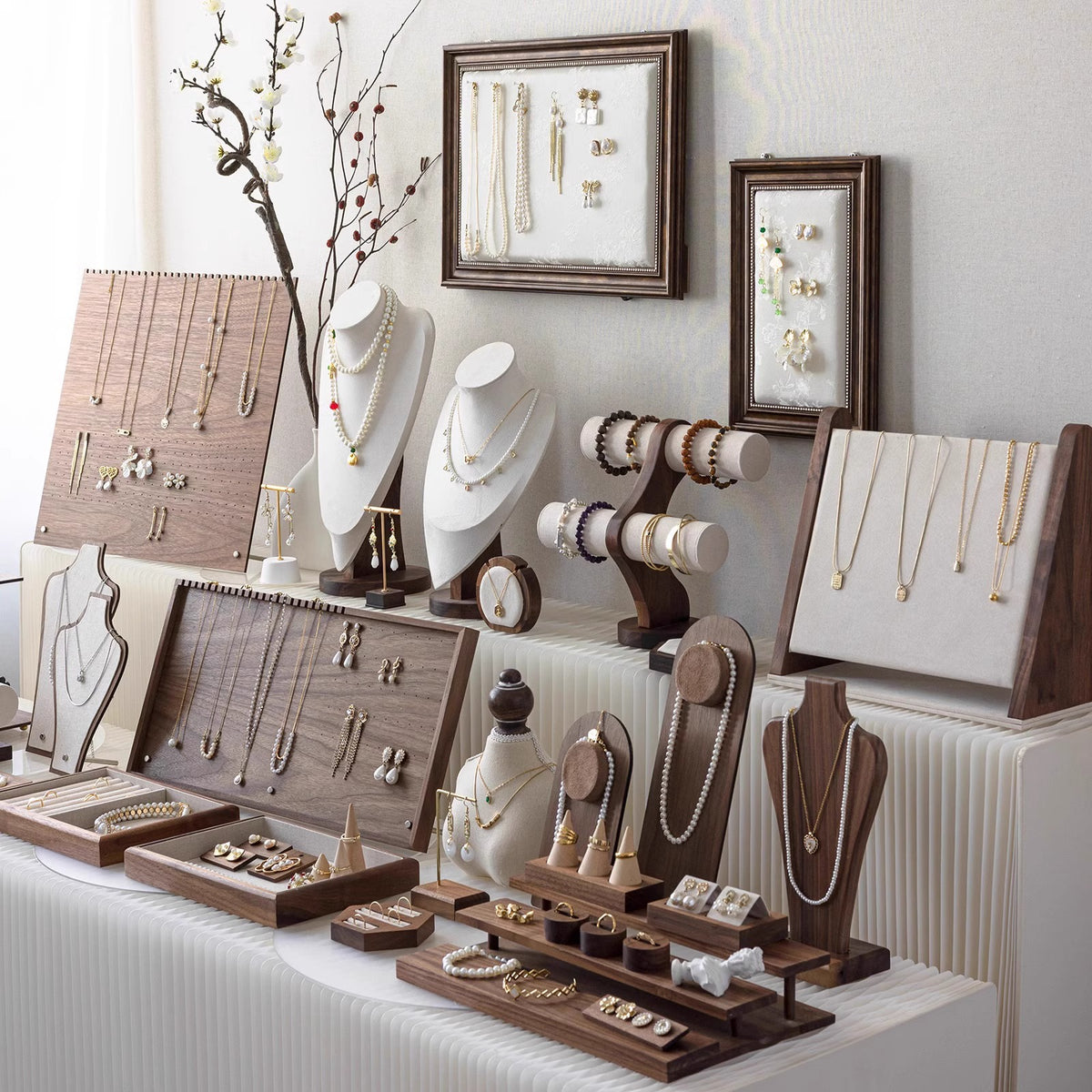 Vintage Walnut Jewelry Display Stand for Rings, Earrings, and Necklaces
